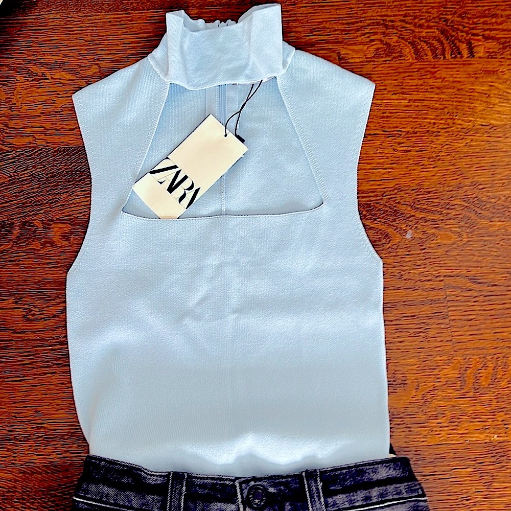 Zara light blue nylon stretch tank with open front and zip back, mock turtleneck